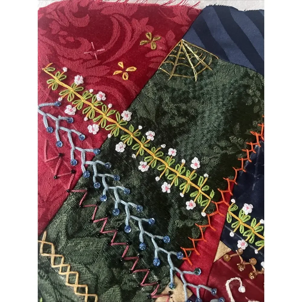 Antique Victorian Style Crazy Quilt Block 16” Silk Velvet Hand Embroidery Beaded